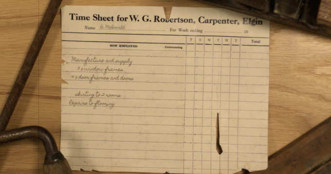 An old image of a timesheet. The note reads W.G Robertson, Carpenter, Elgin.
