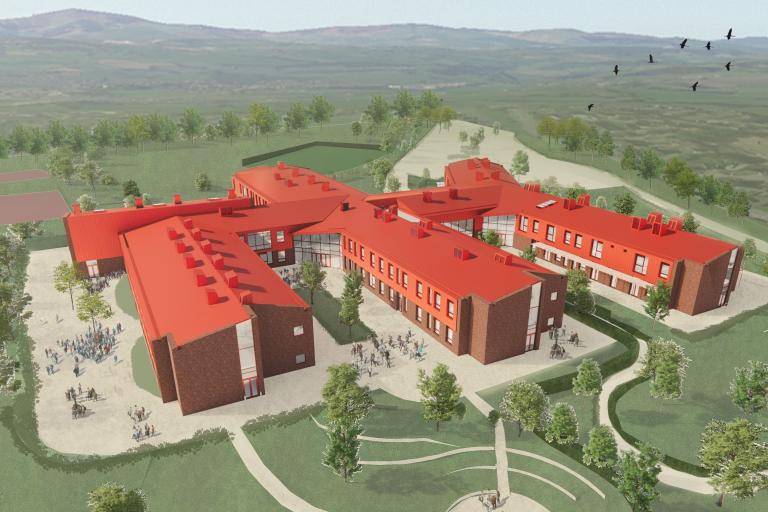 Artistic impression of Mynydd Isa Campus - showing the front entrance and surrounding landscape