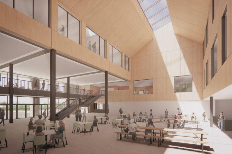 Artist impression of the dining atrium at Hazelehead Academy Campus