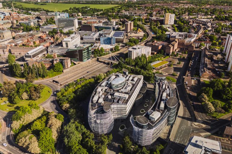 Aerial view of Northumbria University campus with School of Law in foreground