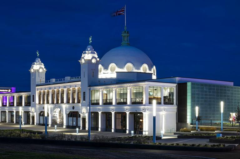 The beautiful facade of Spanish City at night.