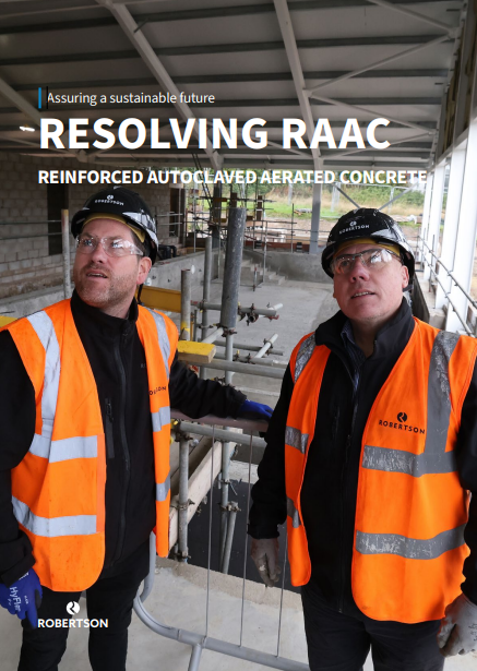 Robertson resolving RAAC brochure cover, with Robertson Construction employees looking at RAAC within a healthcare environment