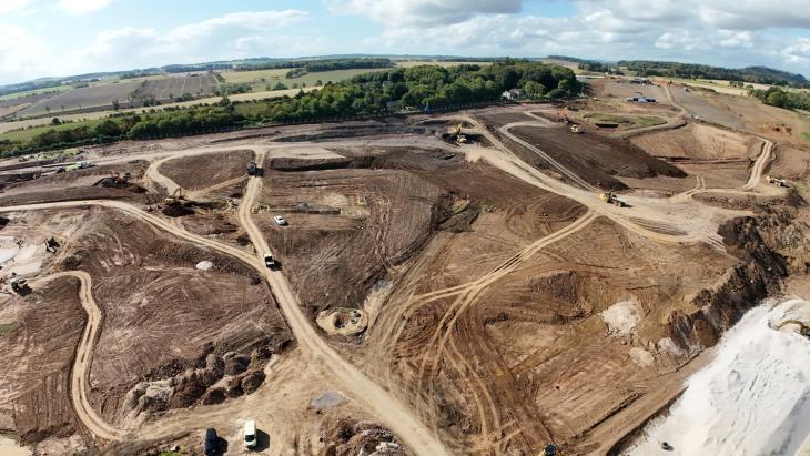 Drone view of a earthworks on a large construction site