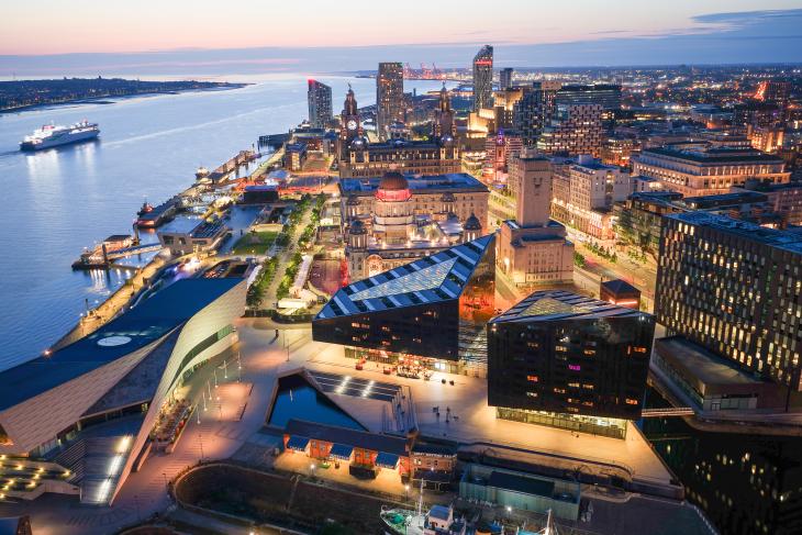 Aerial image over river Mersey showing Liverpool City