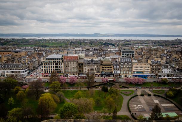 An aerial view of Princes Street in Edinburgh during the day.
