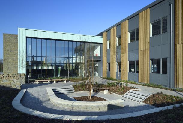 External view of building looking across sunken garden