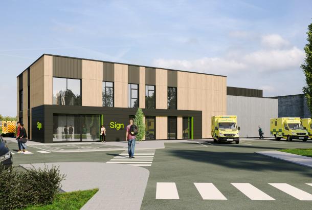A CGI of the outside of the ambulance station in Hazel Grove, Stockport.