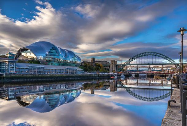 Stock photo of river Tyne, Sage Gateshead, Newcastle bridge