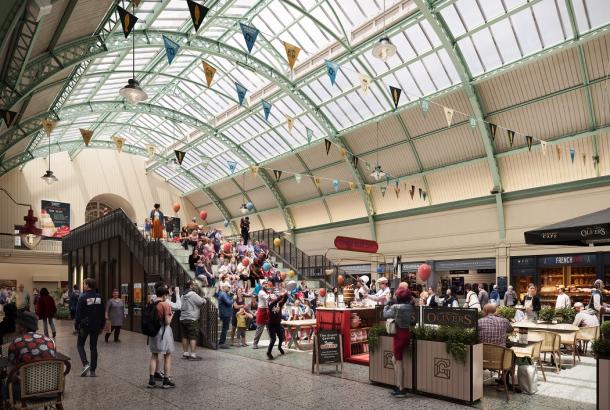 Artist impression of Grainger Market, Newcastle, interior with people and stalls