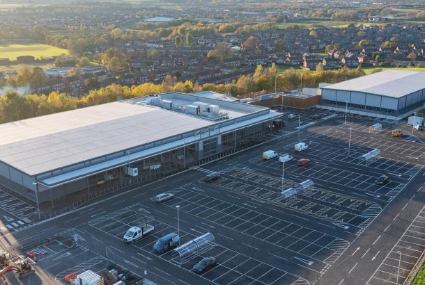 Drone image of Houghton Retail Park, delivered by Robertson Construction North East. Image - Dronecam Solutions Ltd