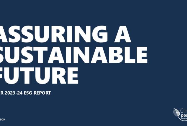 Dark blue powerpoint slide with Robertson branding advertising its annual ESG report for 2023-24