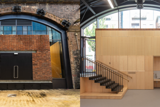 HOME Arches, a new community artistic hub, showing its main red-bricked entrance and its interior showing a contemporary naturally-lit space