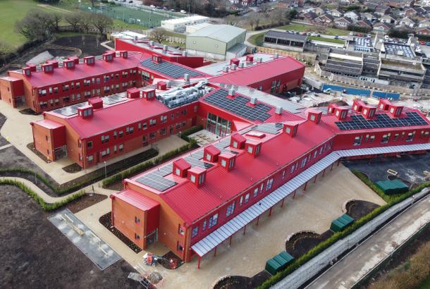 Aerial photo of Mynydd Isa School with red roof