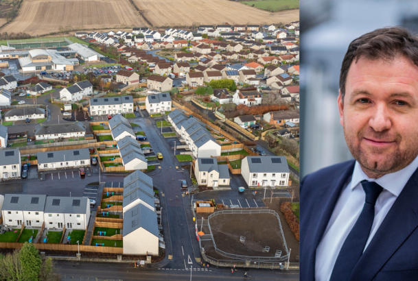 Robertson Group CEO Elliot Robertson headshot with image of Kennoway housing development by Robertson Partnership Homes
