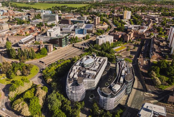 Aerial view of Northumbria University campus with School of Law in foreground