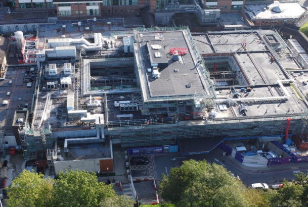 Drone image of Royal Bolton Hospital with construction works ongoing to the Princess Anne Maternity and Women's Health Unit, captured September 2026