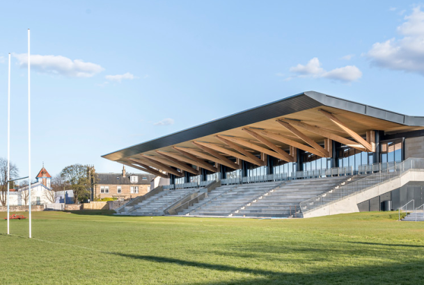 The main stand and rugby pitches at Raeburn Place.