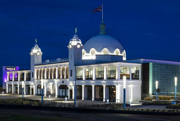 The beautiful facade of Spanish City at night.