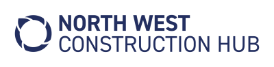 Blue wordmark logo North West Construction Hub with circular icon