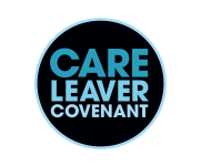 black circular logo Care Leaver Covenant blue writing blue outline