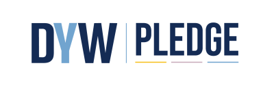 DYW PLEDGE logo in blue with light blue Y and multi-coloured underline