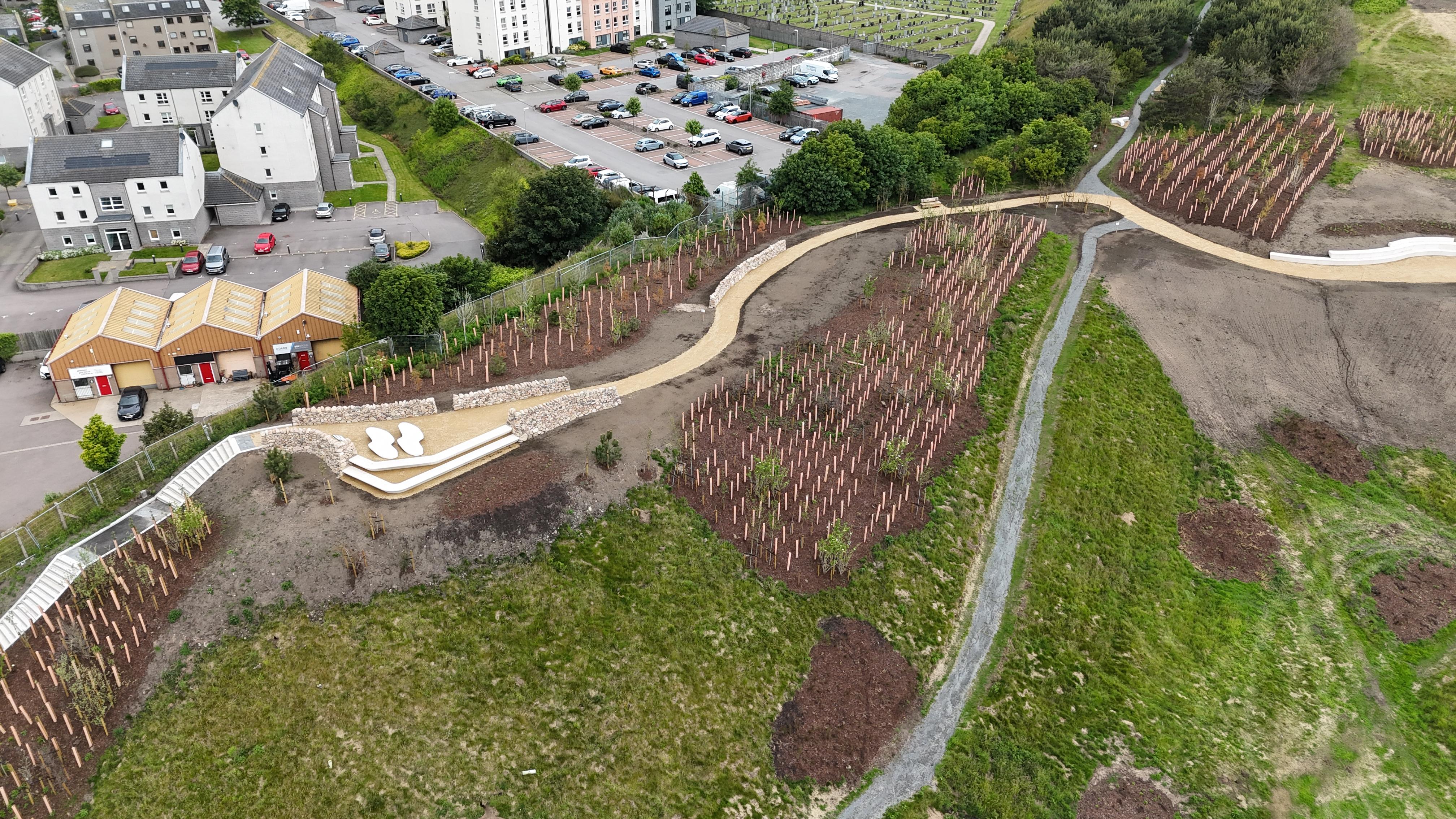 Aerial image over Aberdeen Beachfront showing new paths, planting and seating