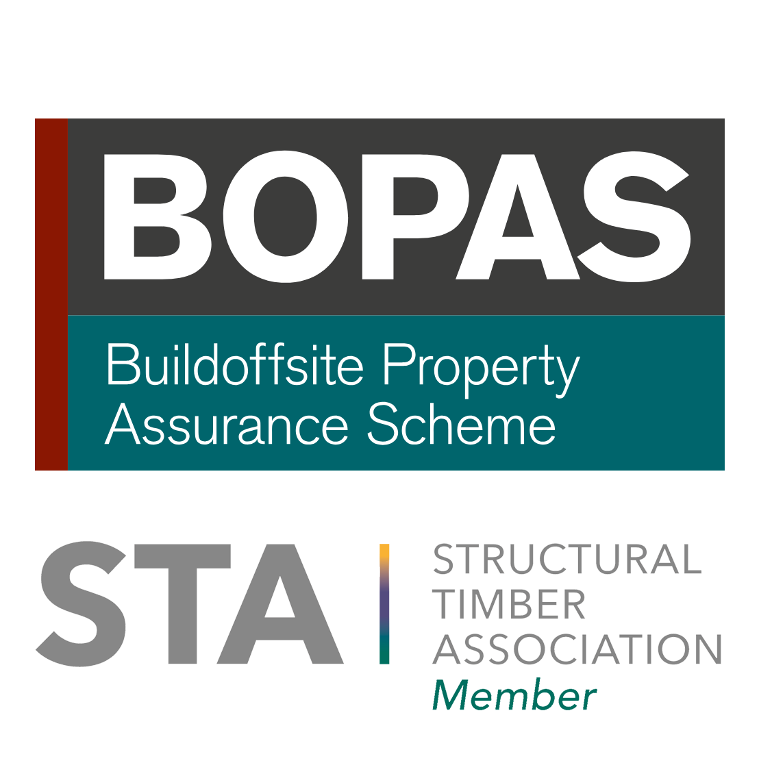 Two logos, top: BOPAS Buildoffsite Property Assurance Scheme, bottom: STA Structural Timber Association Member