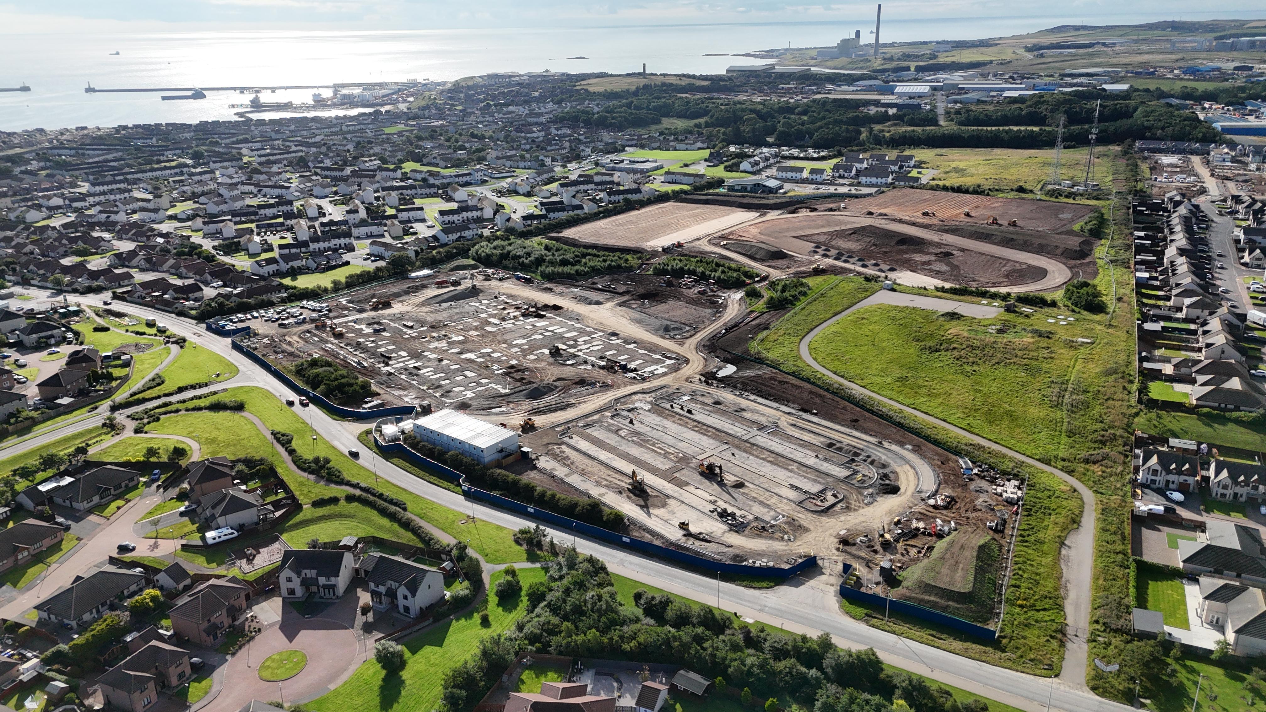 Aerial image over Peterhead Community Campus construction site
