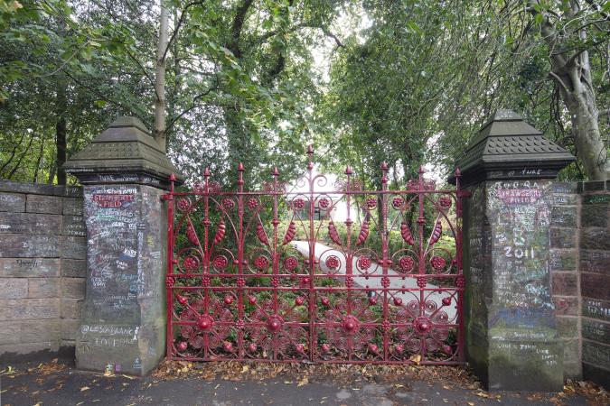 Red gates of Strawberry Field Training Centre, Liverpool