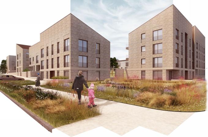  Graphic of regeneration project with housing and public space