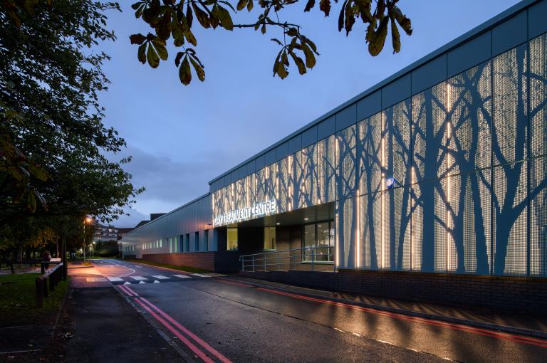 The front of the Freeman Hospital Day Treatment Centre in the evening.