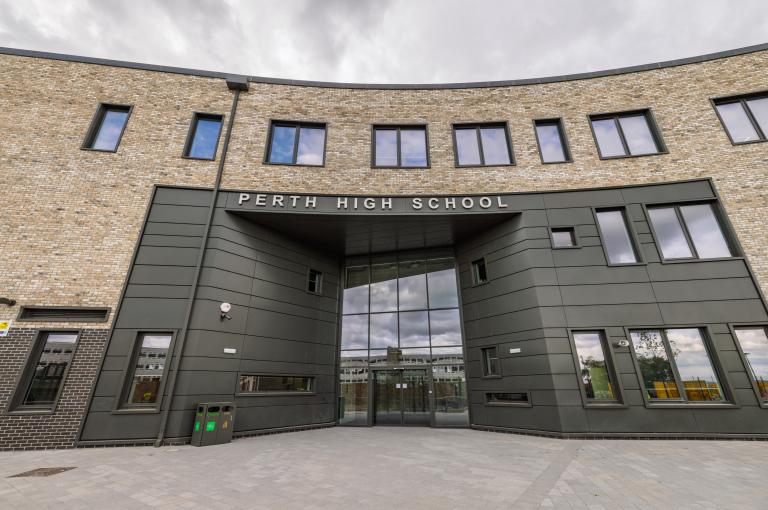 Front entrance of Perth high School, delivered by Robertson Construction Tayside