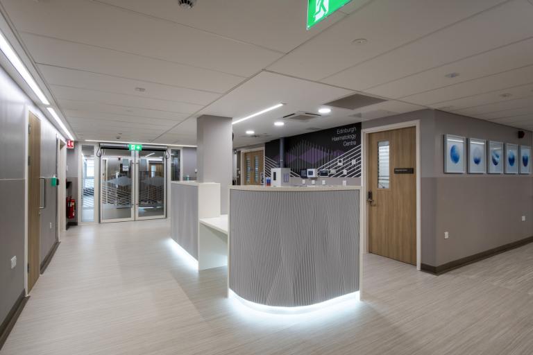 Reception area with illuminated desk