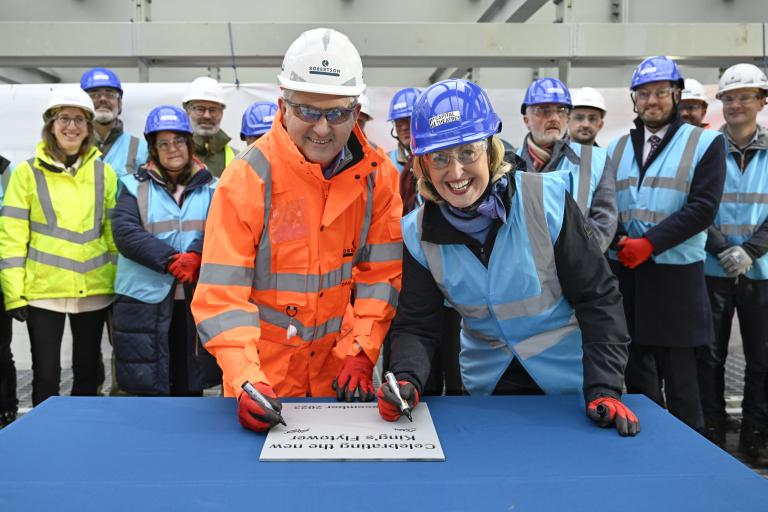 Steel signing event at Edinburgh King's Theatre, where Robertson Construction Central East are delivering a transformation of the Edwardian building for Capital Theatres. Regional MD David Cairns with Capital Theatres CEO Fiona Gibson.