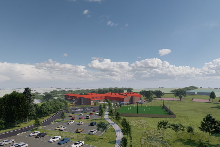 Artistic impression of Mynydd Isa Campus - aerial view of the car park