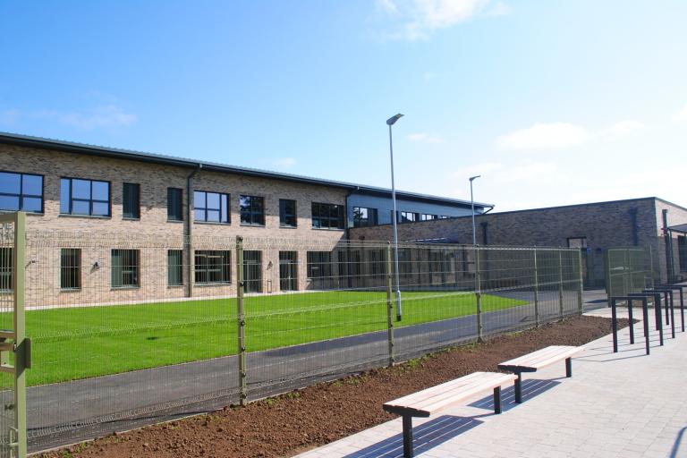 Exterior view of playground at energy efficient Passivhaus school in Perth, Scotland