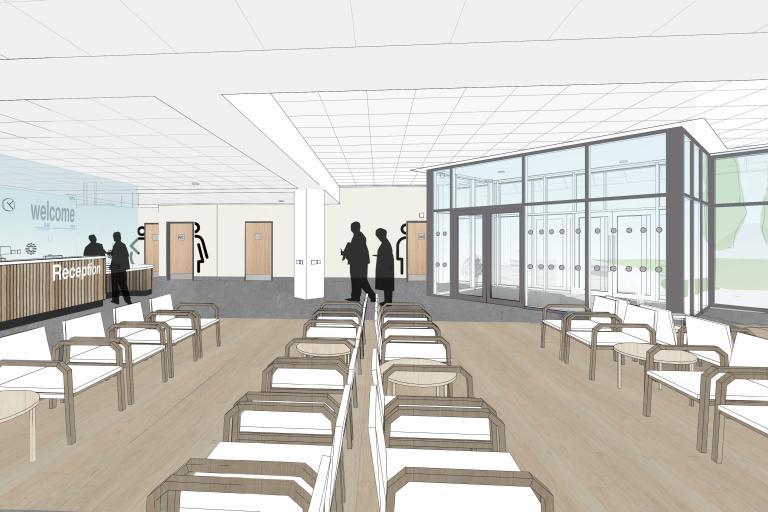 Artist impression of the main reception in the new Community Diagnostics Centre