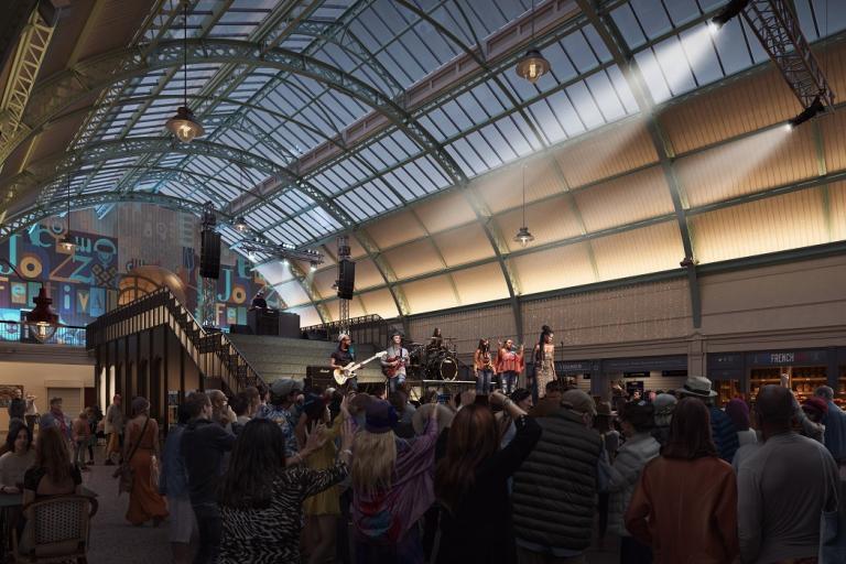 Artist impression of Grainger Market, Newcastle, interior with people and stalls