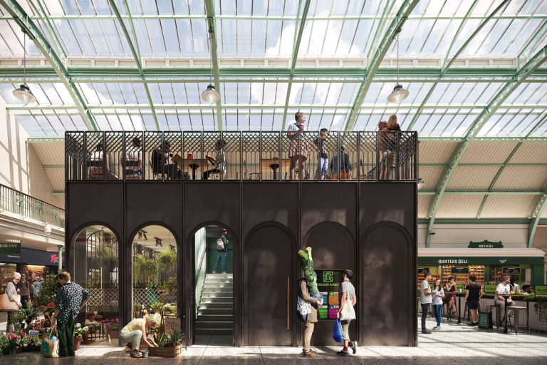 Artist impression of Grainger Market, Newcastle, interior with people and stalls