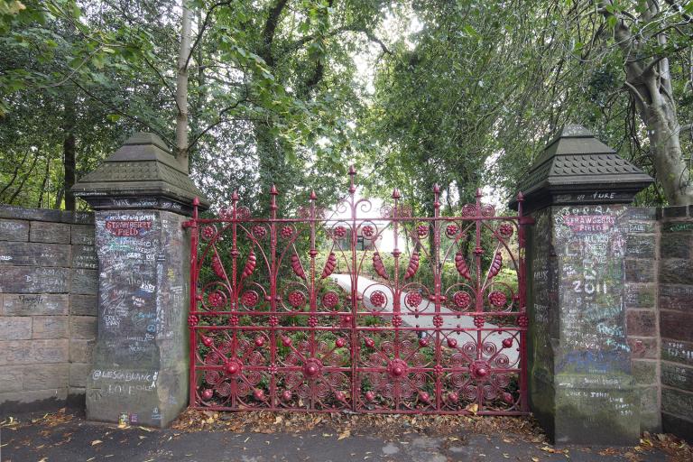 Red gates of Strawberry Field Training Centre, Liverpool