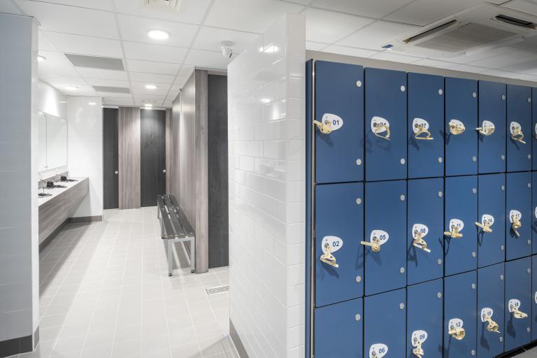Refurbished changing room at Prestwick Leisure Club, delivered by Robertson Construction