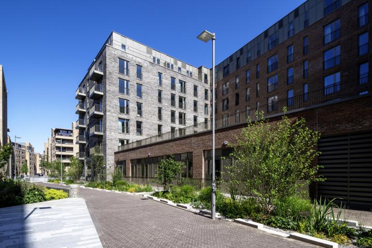 Outside of build to rent apartments with public gardens