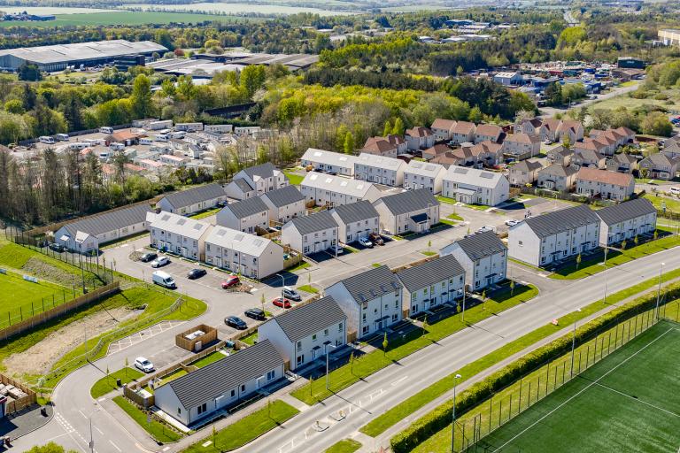 Aerial view of the Viewfield development in Glenrothes, delivered by Robertson for Fife Council