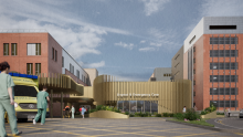 Artist impression of the new urgent treatment centre in Newcastle, showing the centre at the RVI with an ambulance parked and NHS staff walking by