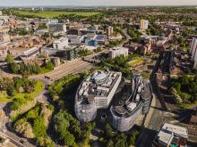 Aerial view of Northumbria University campus with School of Law in foreground