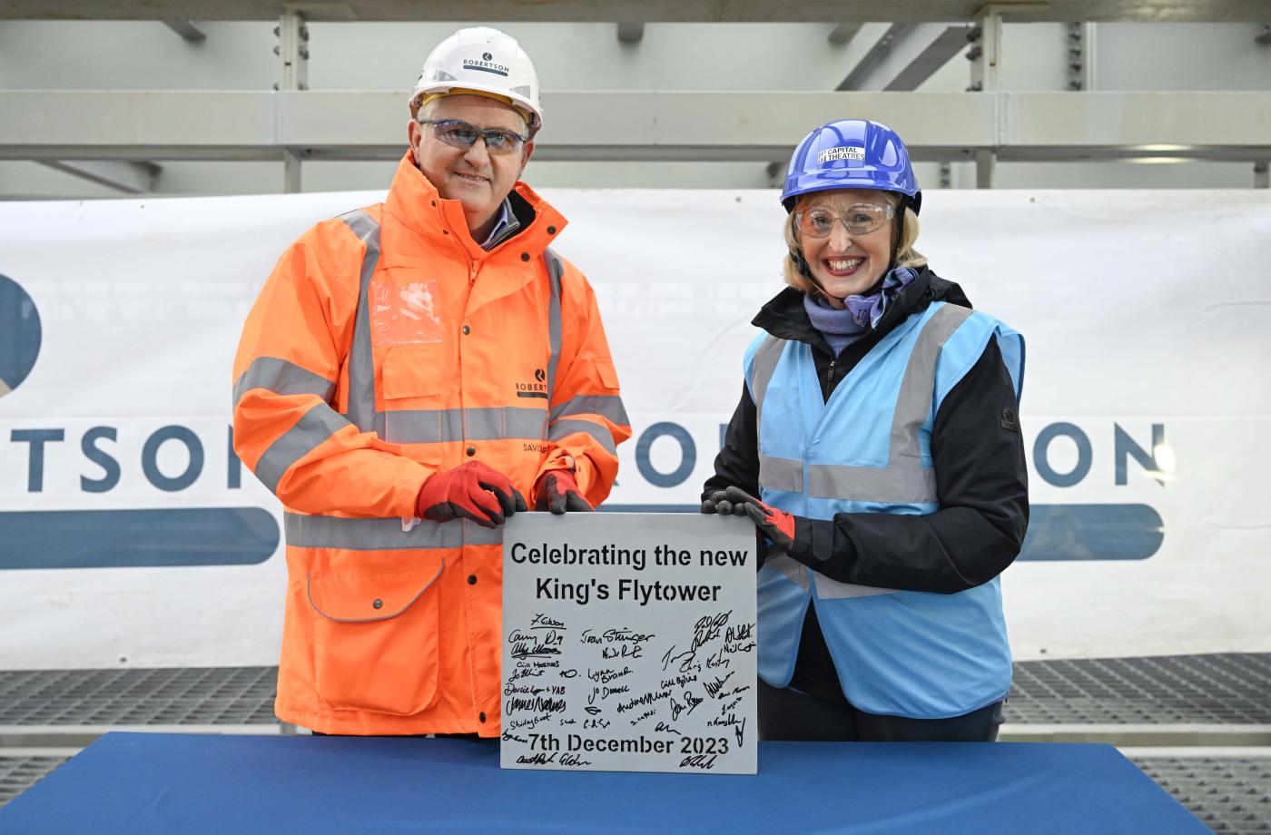 Steel signing event at Edinburgh King's Theatre where Robertson Construction Central East are delivering a transformation of the Edwardian building for Capital Theatres