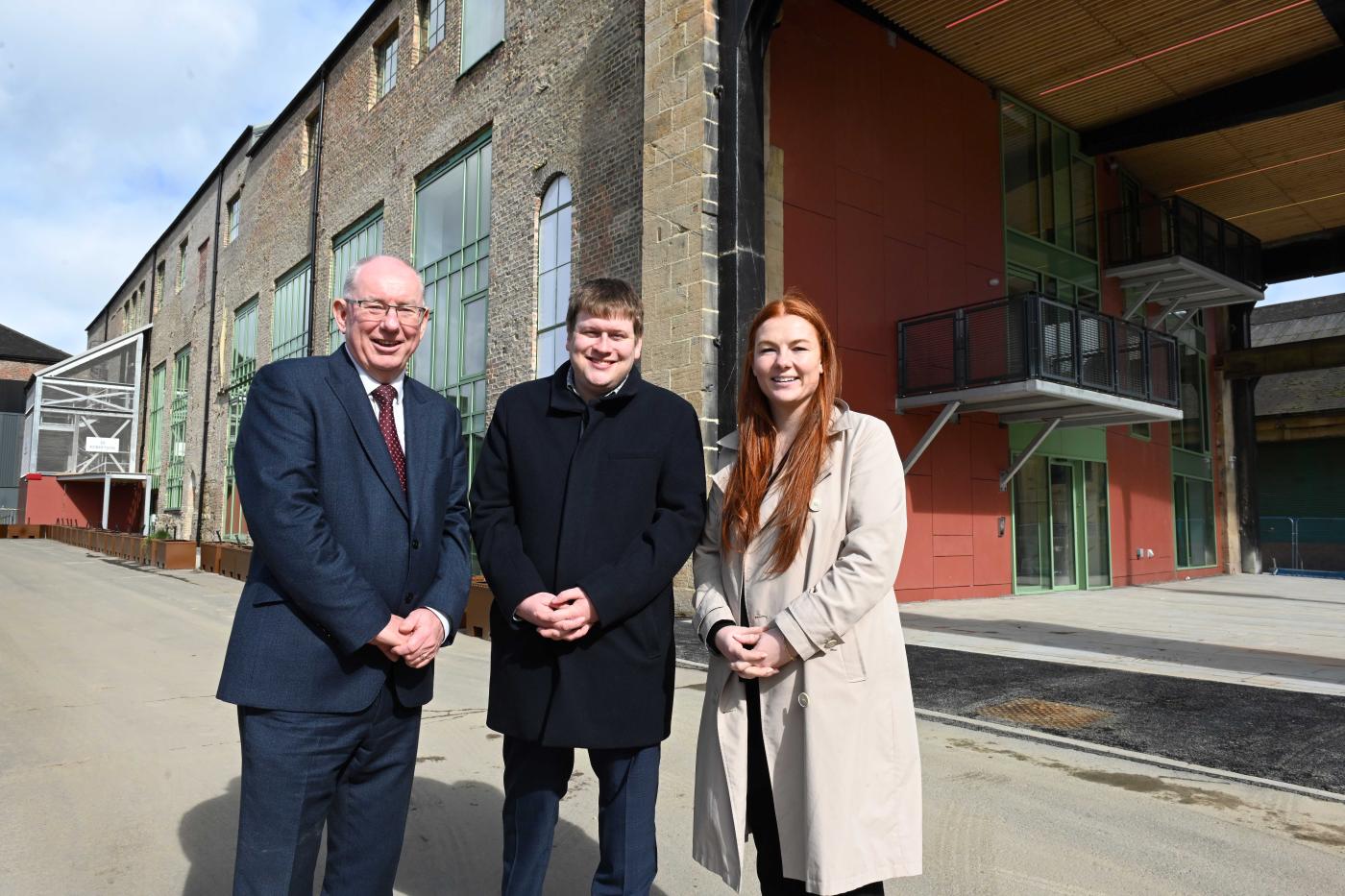 Regional Managing Director Garry Hope Robertson Construction North East, Cllr Alex Hay and Igloo Regeneration Development Manager Pippa Heron, outside The Pattern Shop