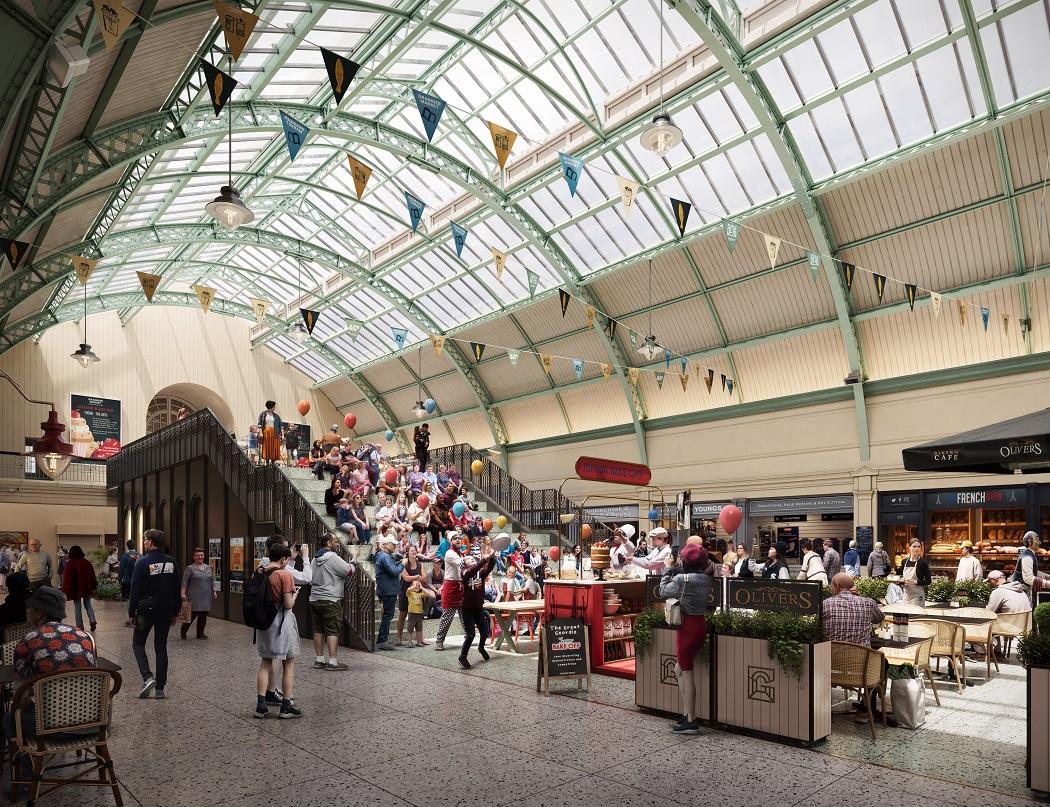 Artist impression of Grainger Market, Newcastle, interior with people and stalls