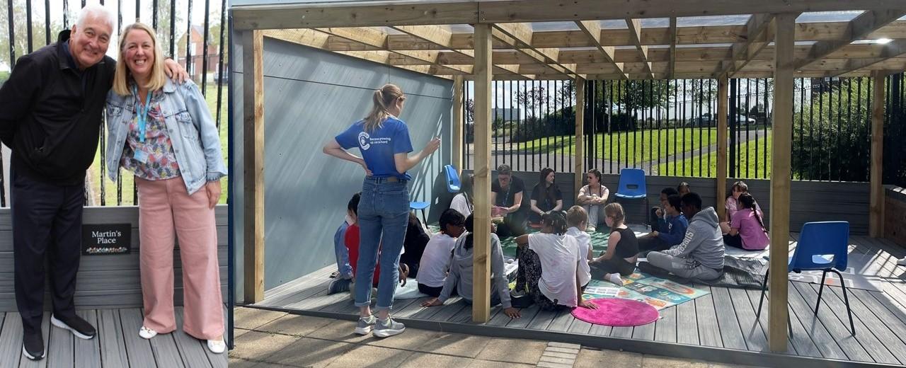 Two images: one of two people standing next to a plaque unveiling an outdoor play area, and the other of children using the outdoor play area