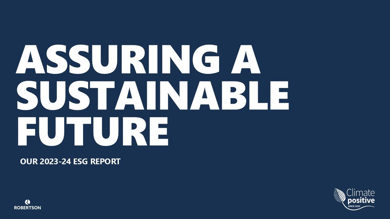 Dark blue powerpoint slide with Robertson branding advertising its annual ESG report for 2023-24